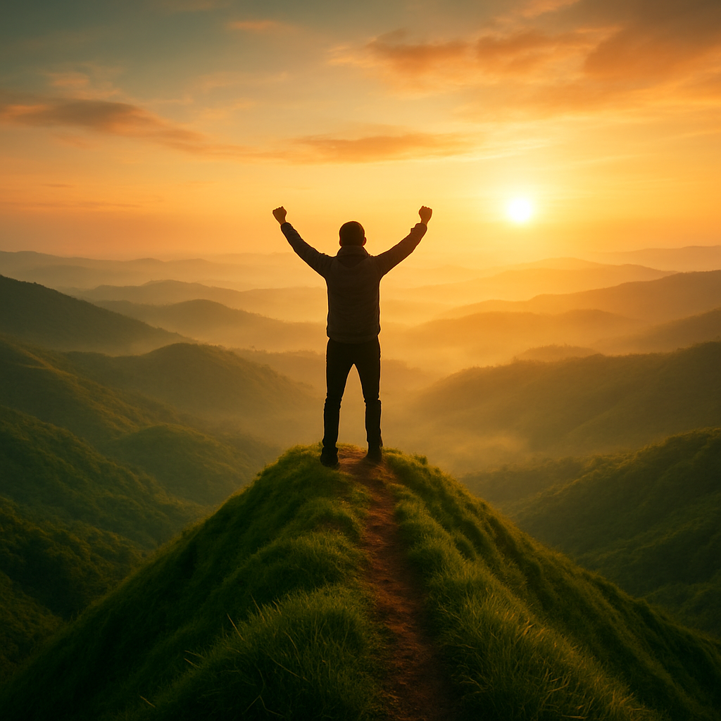 A person standing at the summit of a green mountain at sunrise